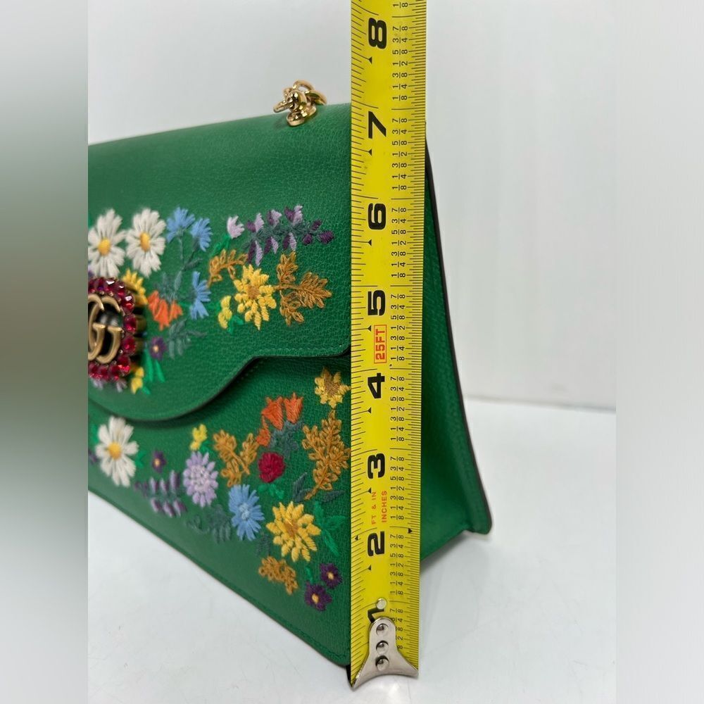 Gucci Linea Ricami Shoulder Bag Embroidered Leather Green Cat - Picture 12 of 13